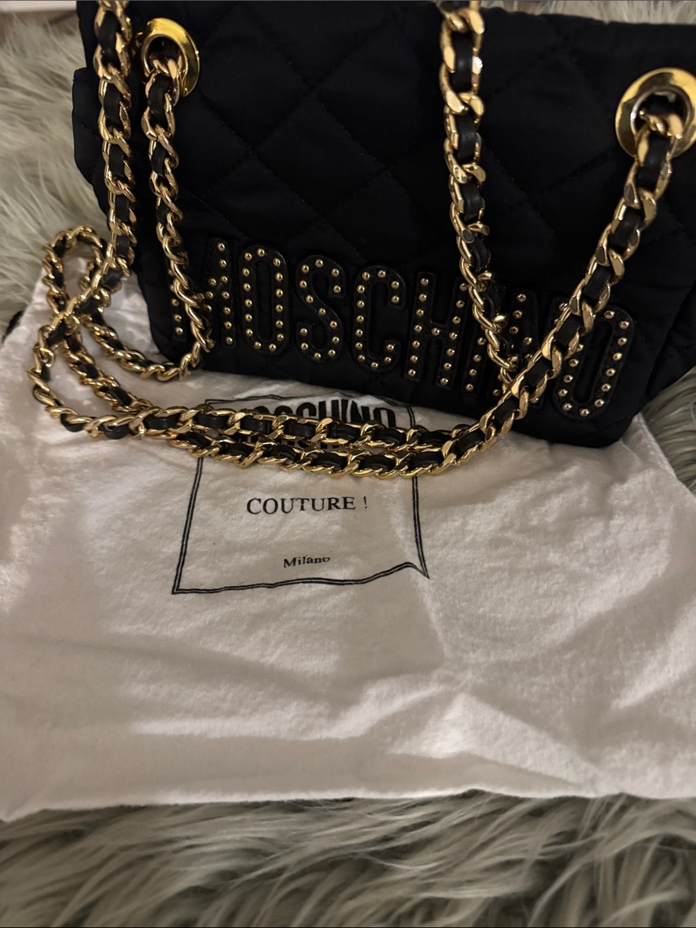 Moschino Black Quilted Shoulder Bag with Gold Chain and Stud Logo